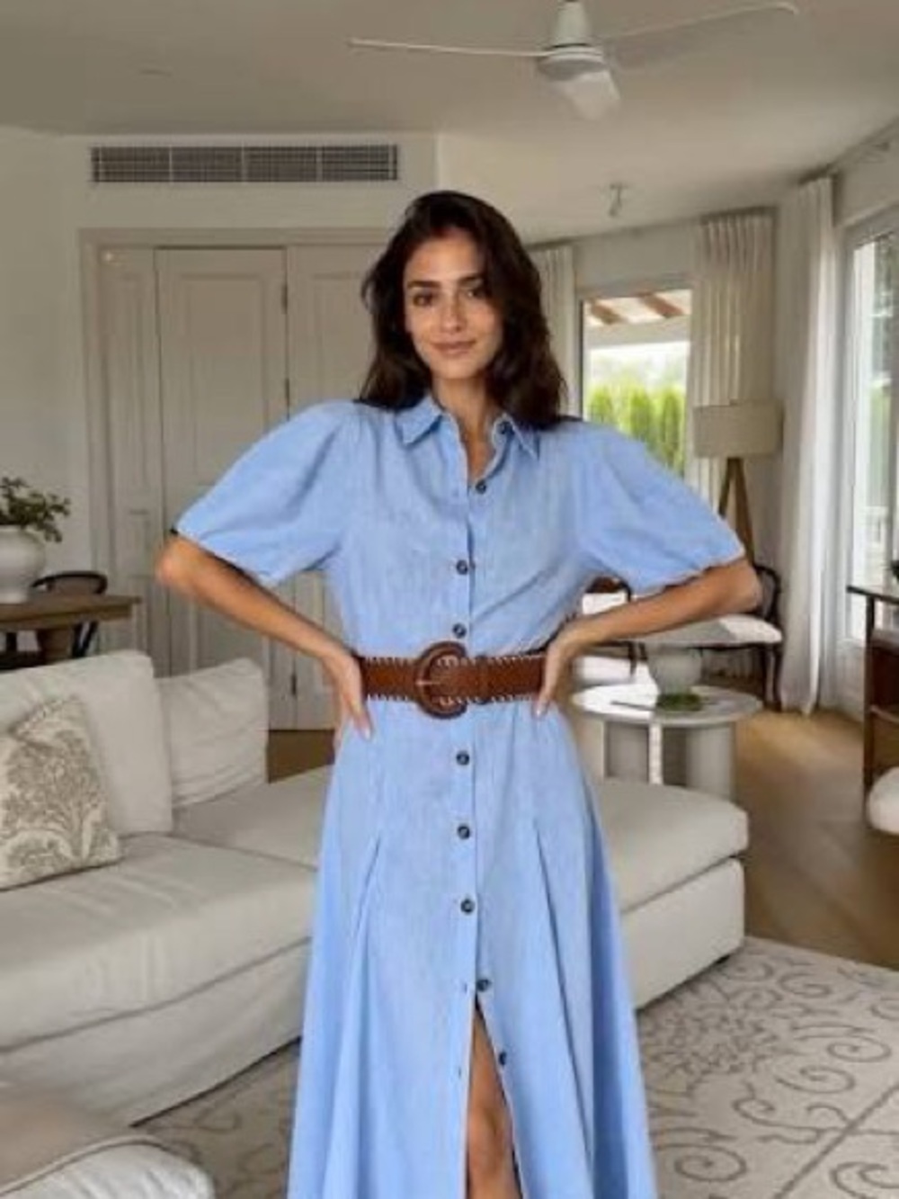 Zara Light Blue Button-Front Midi Dress with Puff Sleeves